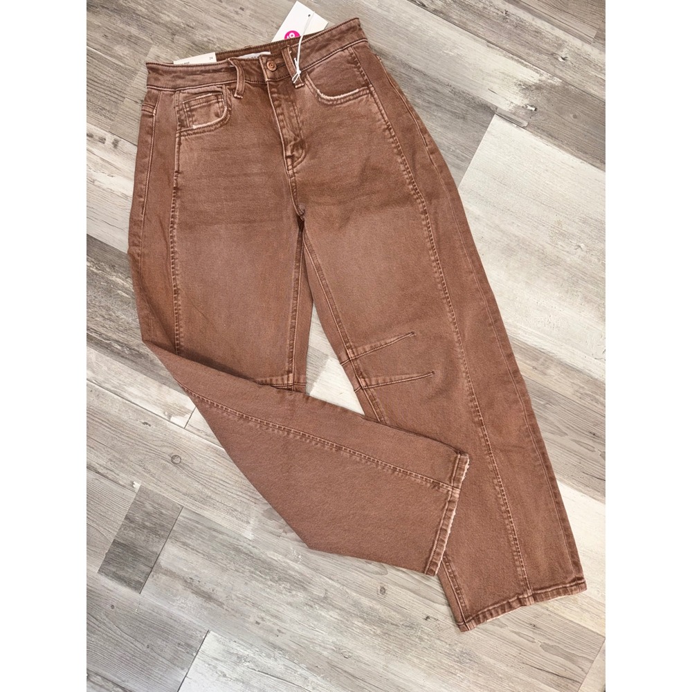 Flying Monkey Barrel Fit Jeans Women Brown High Rise Seam Detail Size 24 F5974